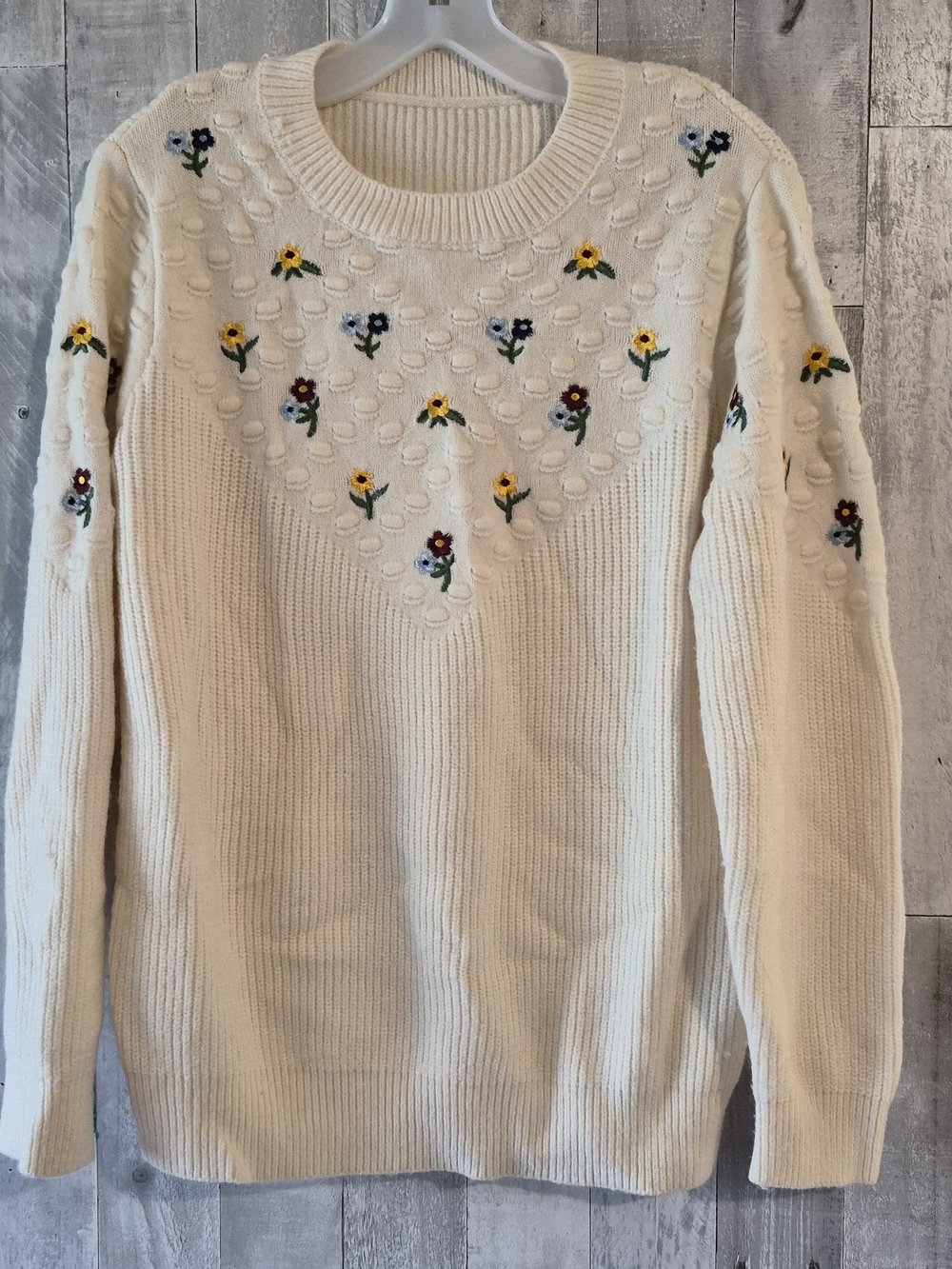 Soft Cream Vintage Cottagecore Embroidered Women’s Cozy Long Sleeve Sweater